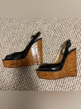 Christian Louboutin Black Patent Cork Wedge Slingback Heels Size 8